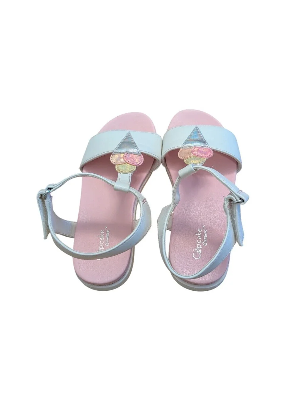 Cupcake Couture Girls' White and Pink T-Strap Sandals Leather Size 11
